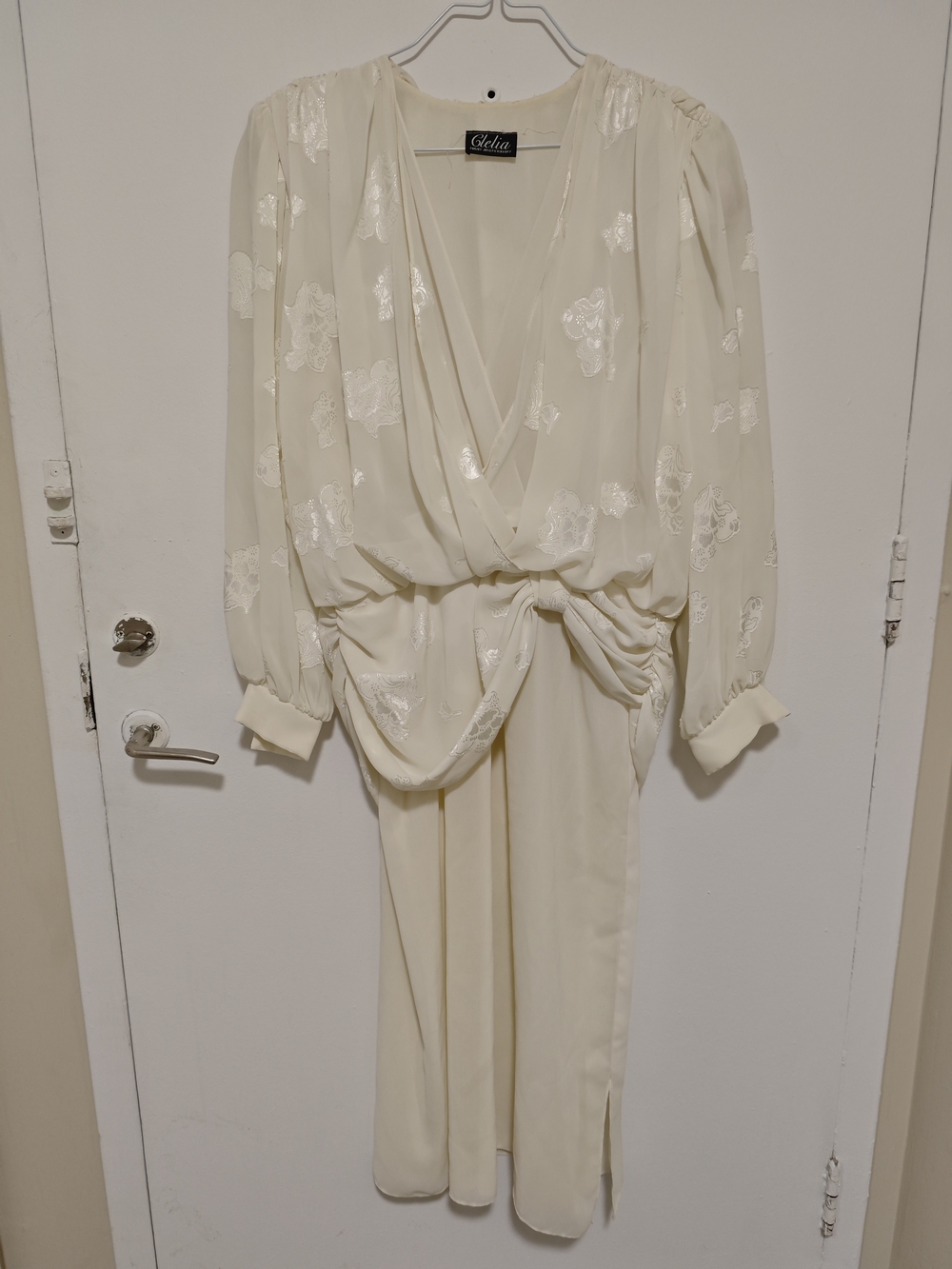 Vintage Clelia by Joseph RibkoffCream Draped V-Neck Chemise with Floral Jacquard